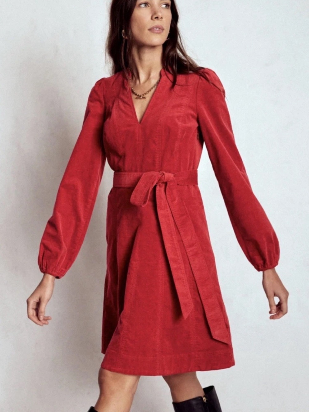 Boden Red Corduroy Belted Shirt Dress Mini Womens 14 Balloon Sleeve Fall Luxury